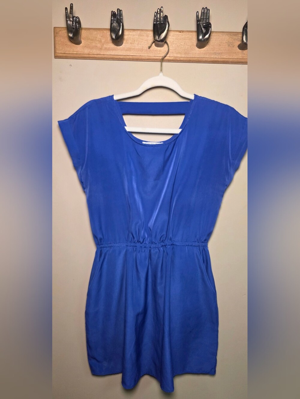 Pink Rose Royal Blue Short Sleeve Elastic Waist Mini Dress sz Medium